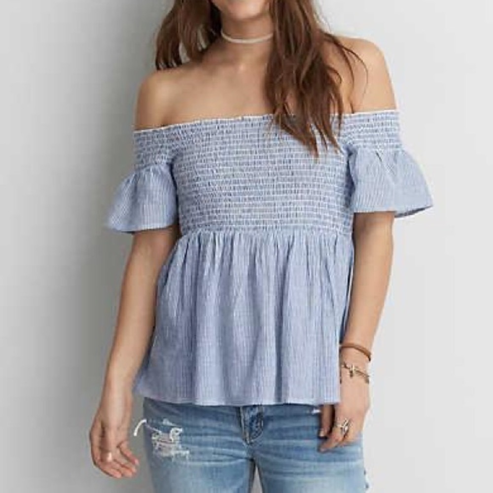American Eagle Blue White Striped Off Shoulder Top Shirt S - Picture 5 of 5